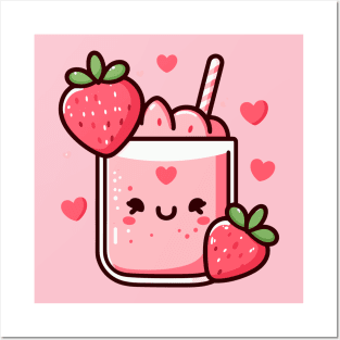 Kawaii Strawberry Milkshake with Strawberries and Hearts | Kawaii Food Art Posters and Art